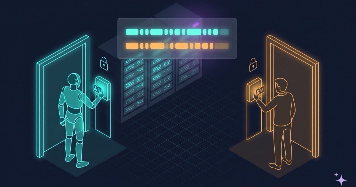 An agent and a person entering a server room through separate doors, each with its own badge and its own line in the access log